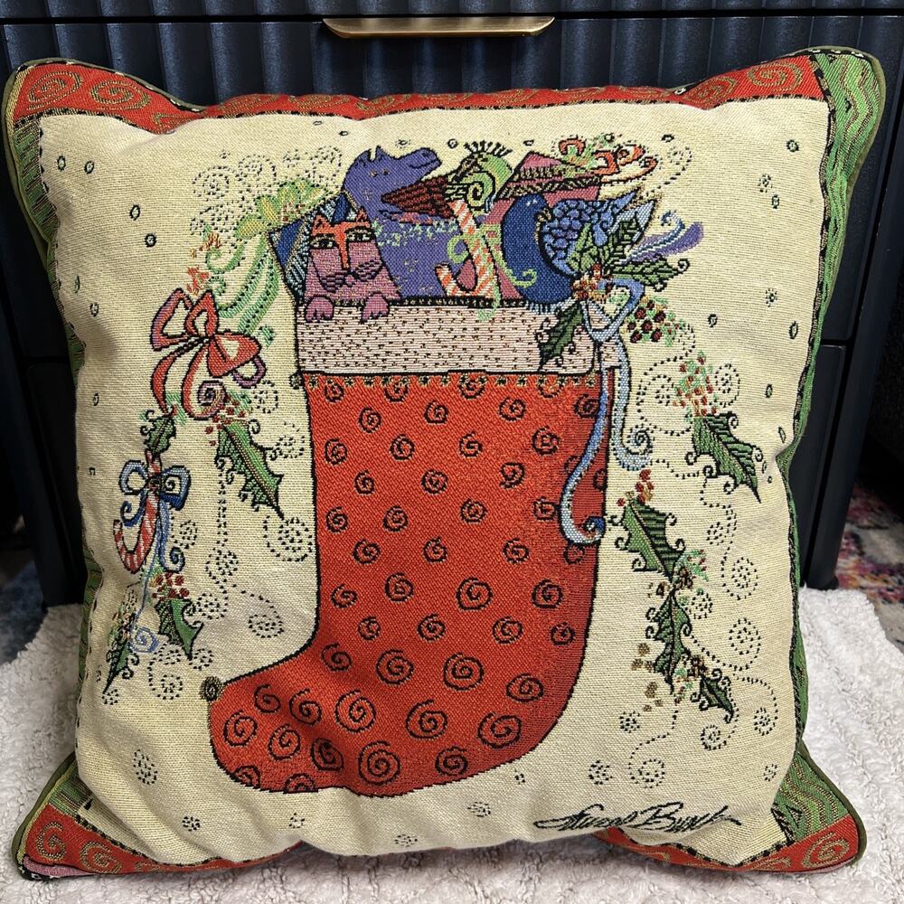 Laurel Burch Cat Pillow Christmas Stocking Tapestry 17” Decor Whimisical Holly